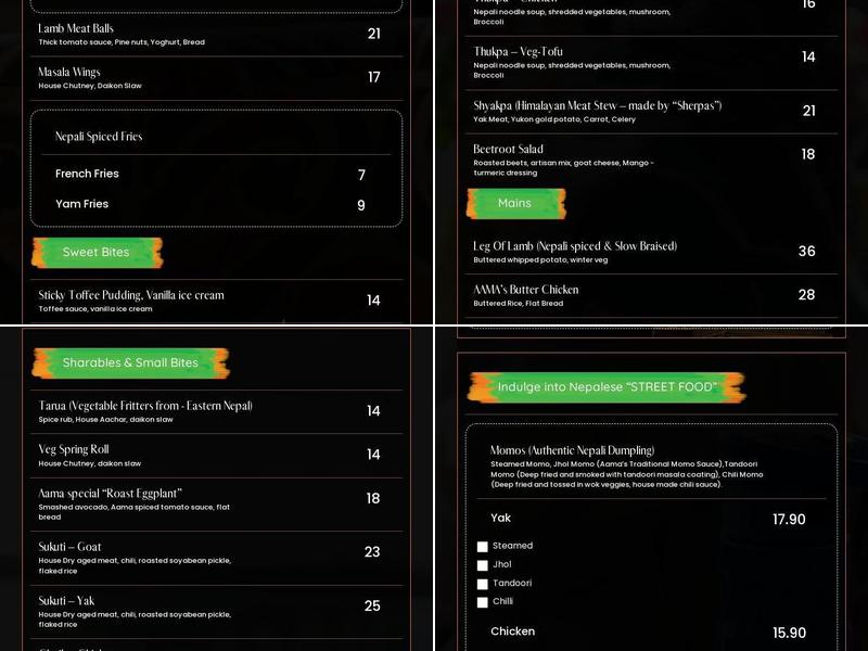 Aama Nepalese Cuisine Menu