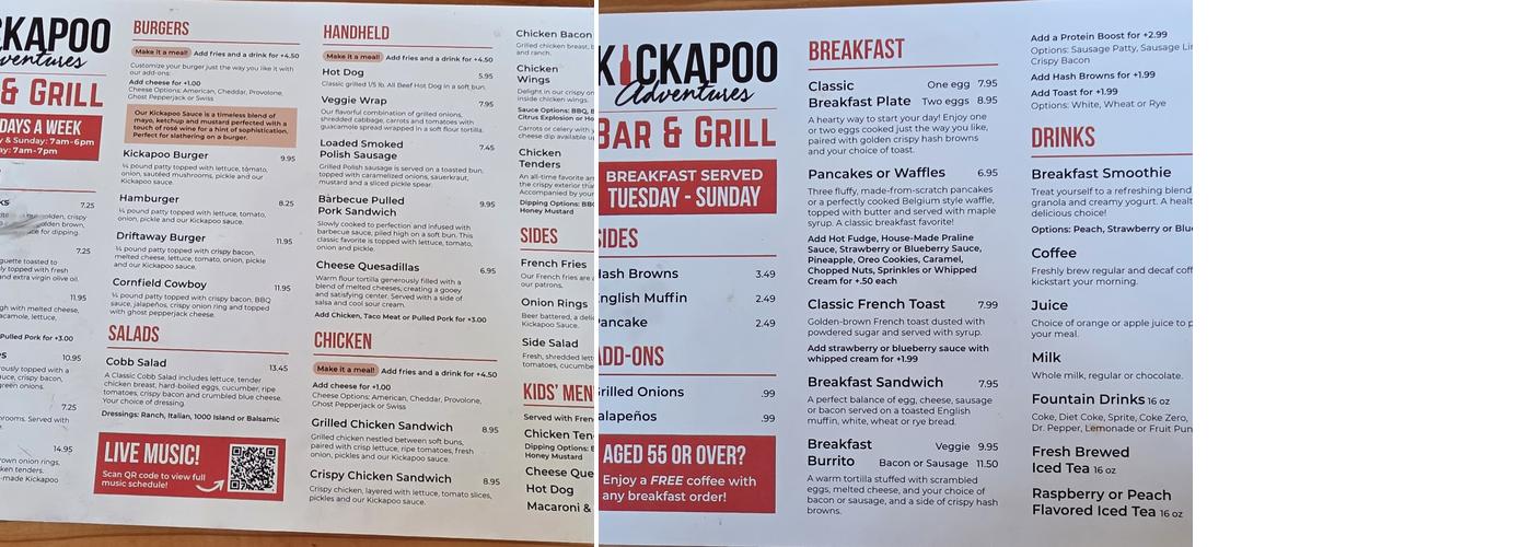 Park Bistro at Kickapoo State Park Menu