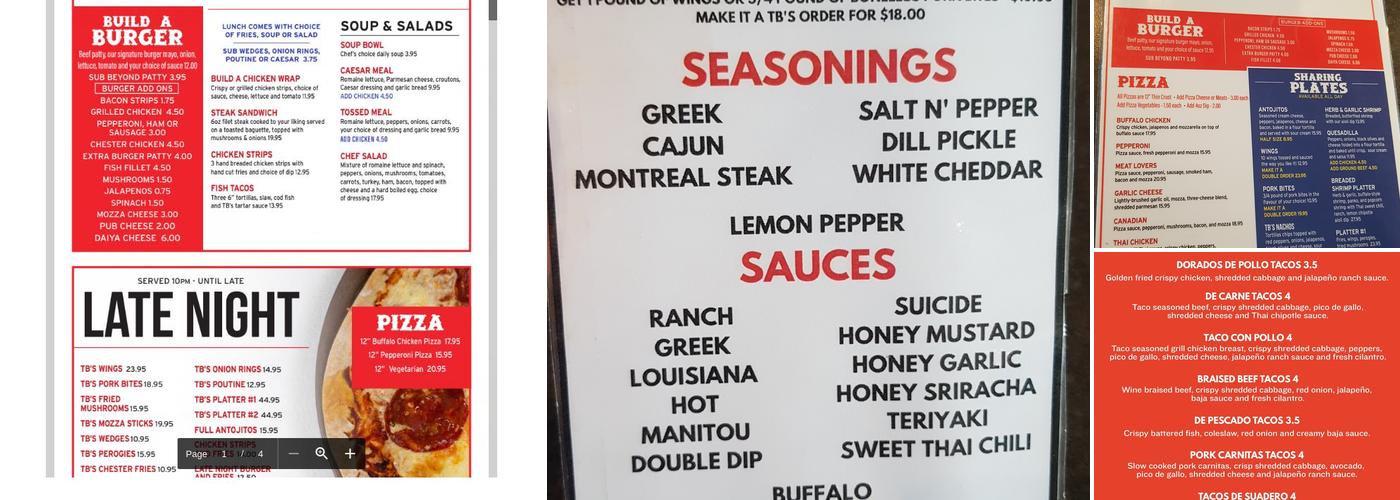 TB's Bar & Grill Menu