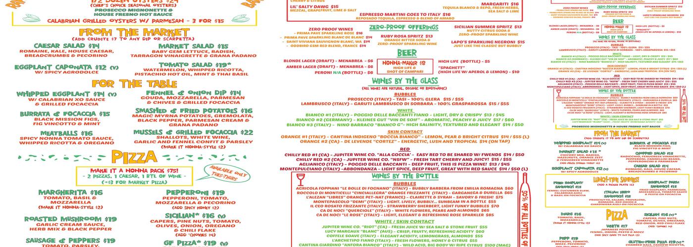 De La Nonna Menu