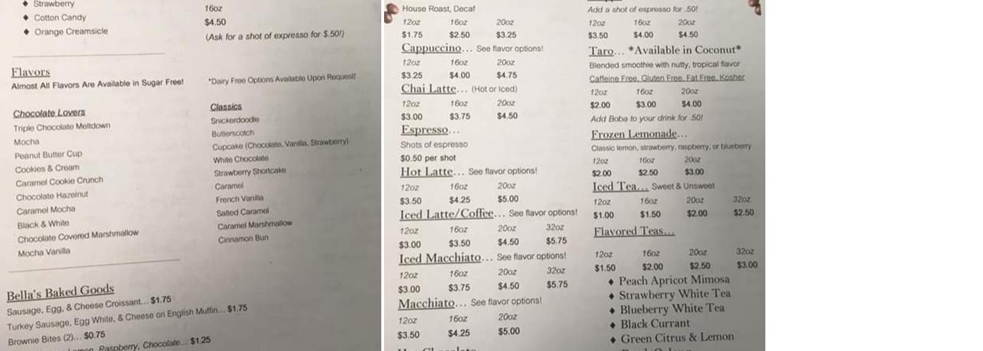 Bella's Brews Menu