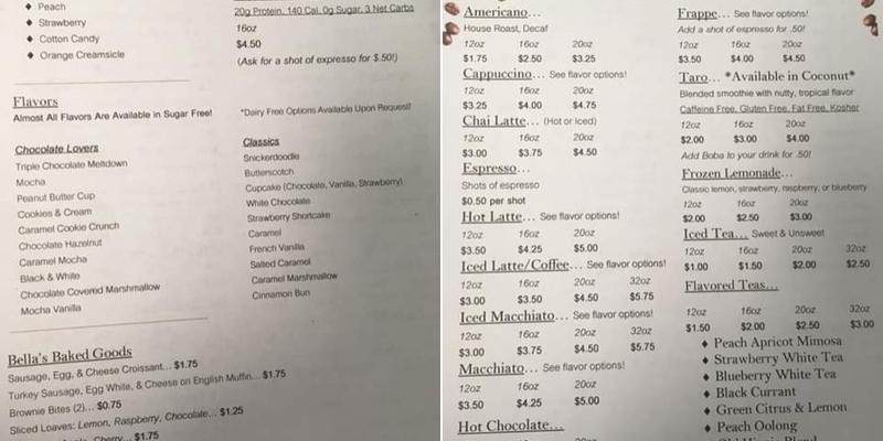 Bella's Brews Menu
