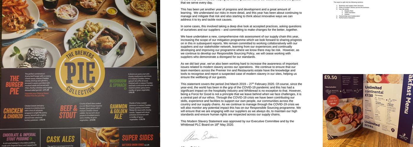 Premier Inn Minehead hotel Menu