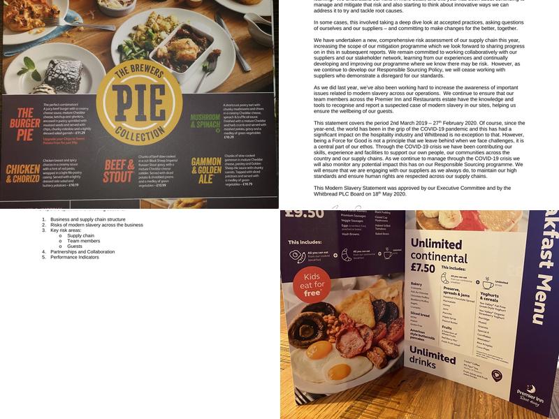 Premier Inn Minehead hotel Menu