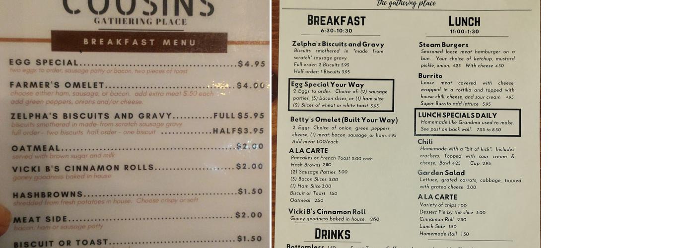 Cousins Cafe and Coffee Menu