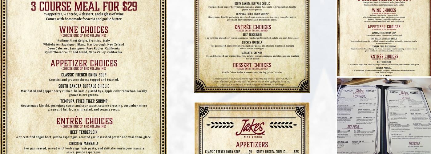 Jakes Fine Dining Menu