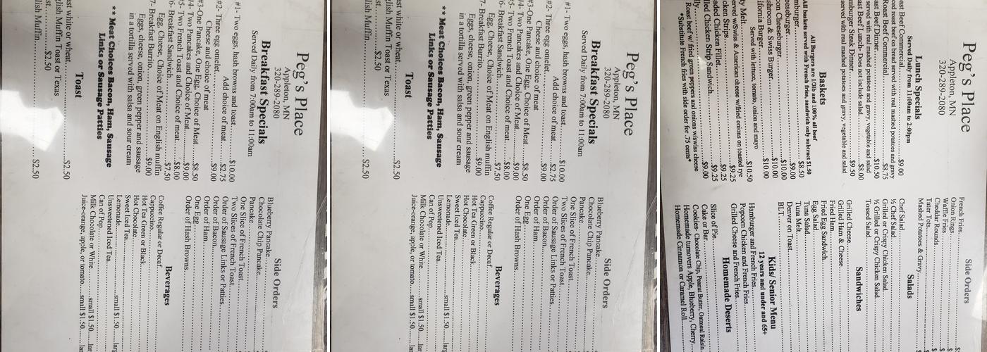 Pegs place cafe Menu