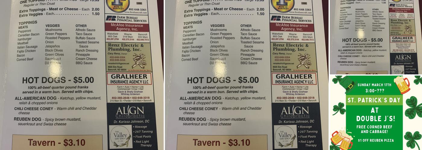 Double J Saloon Menu