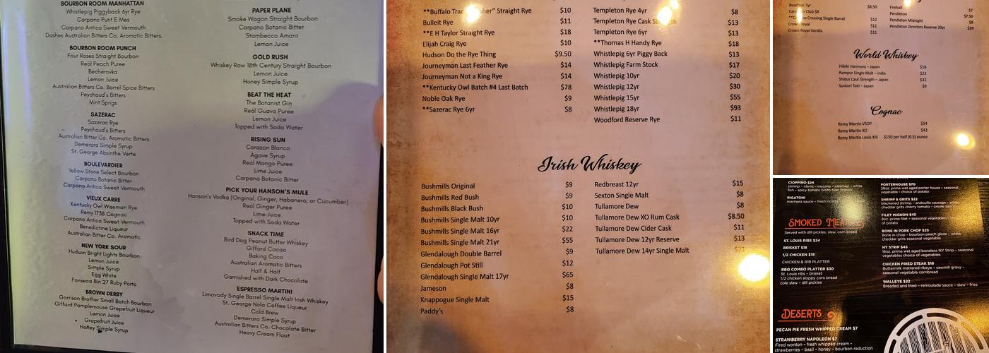 Phoenix Bourbon Room Menu