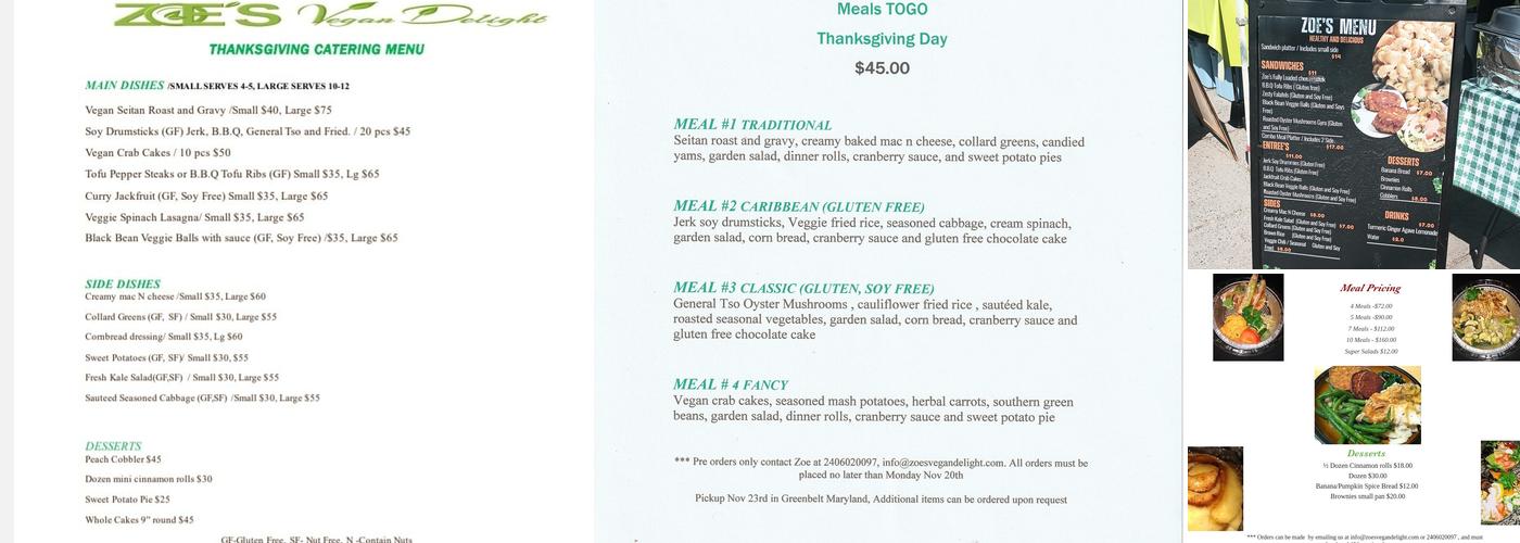 Zoe's Vegan Delight Menu