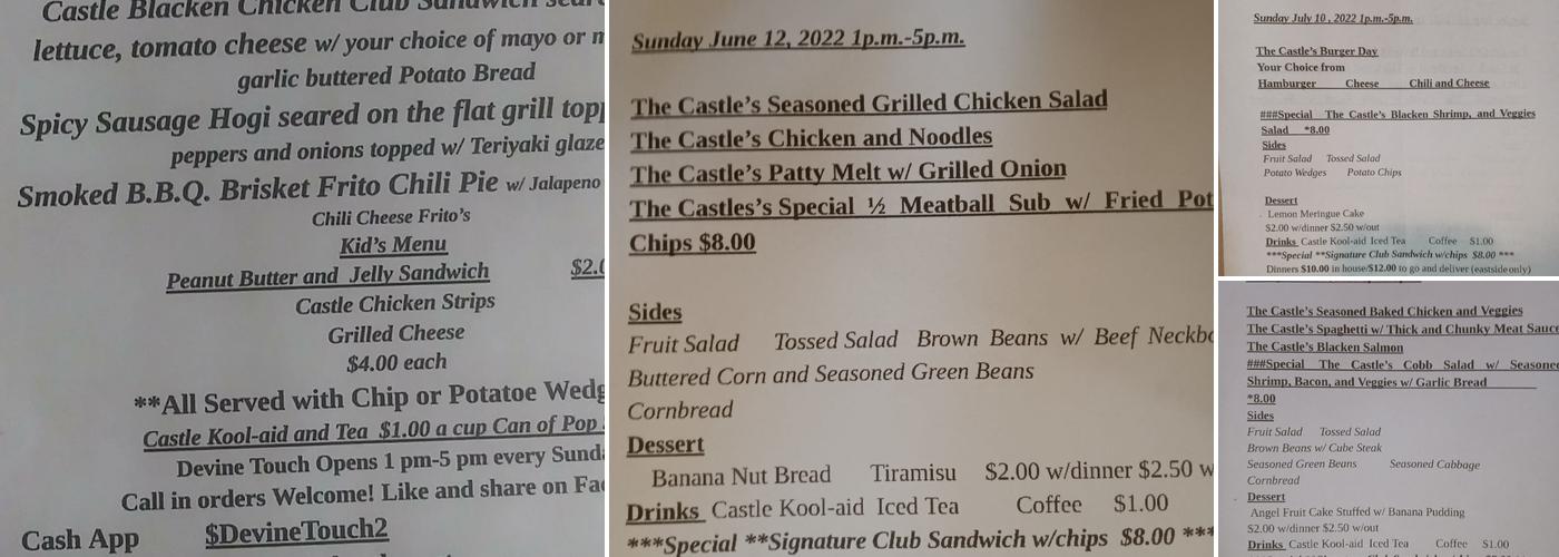 Devine Touch at the Castle Cafe Menu