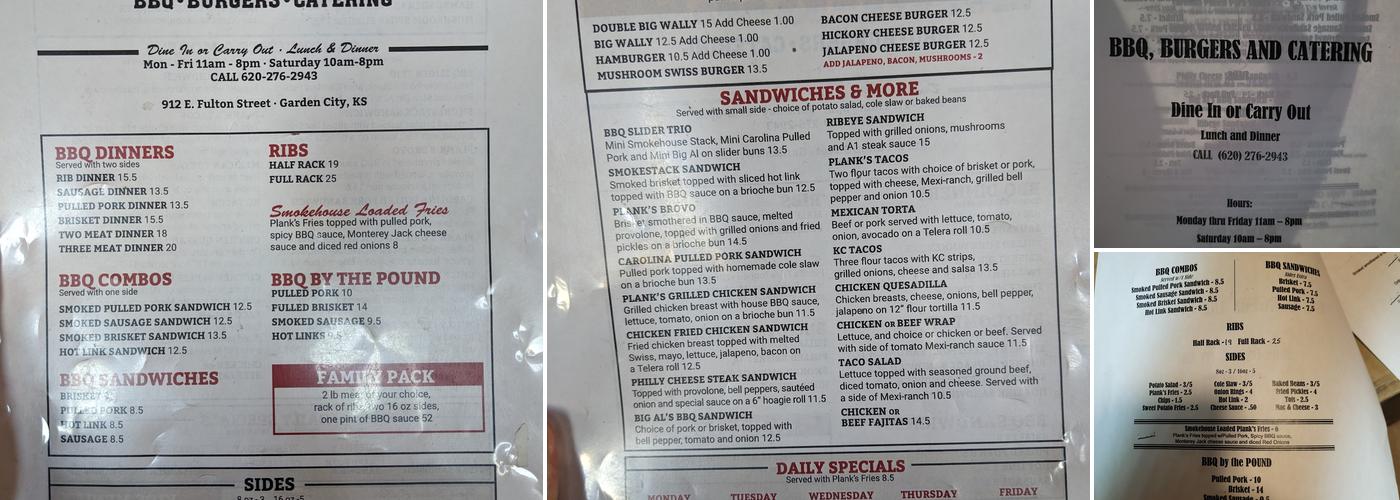Plank's Bbq Menu