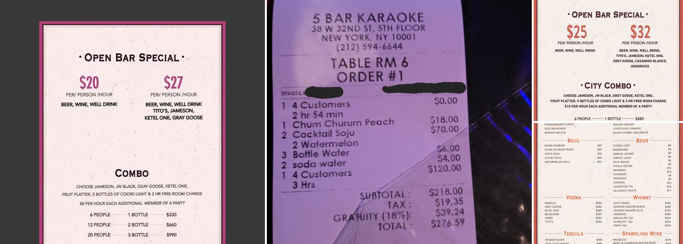 5 Bar Karaoke Menu