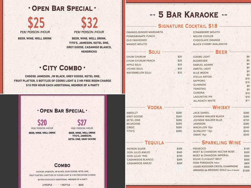 5 Bar Karaoke Menu