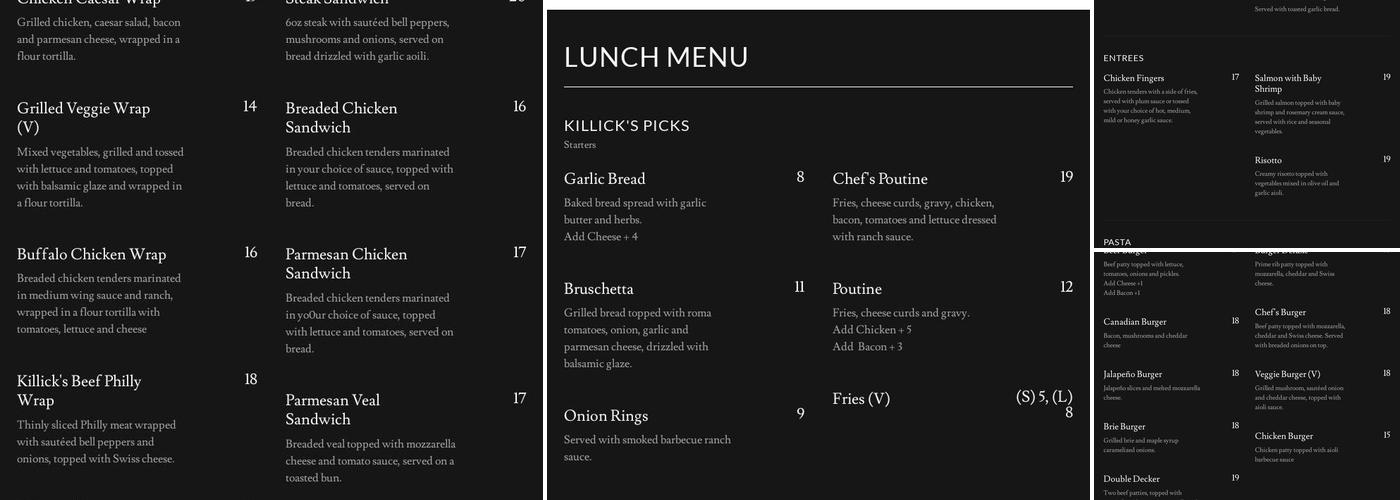 Killick Kitchen Menu