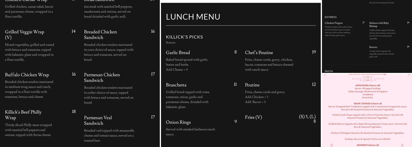 Killick Kitchen Menu