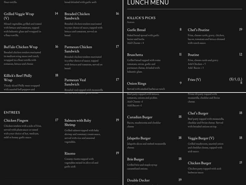 Killick Kitchen Menu