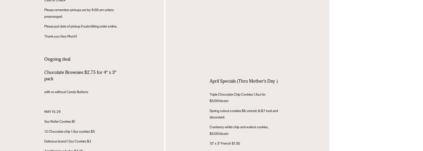 Town & Country Bakery, LLC Menu