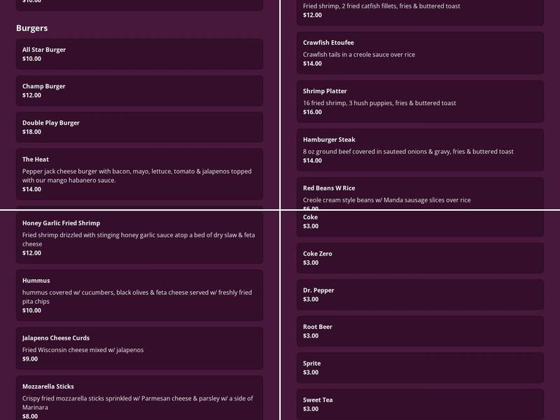 Champion Sports Bistreaux Menu