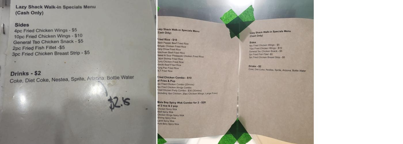 Lazy Shack Menu