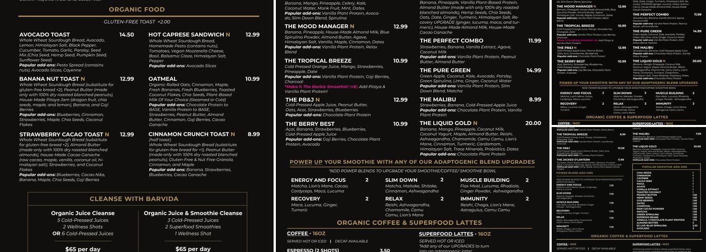 BARVIDA. Menu