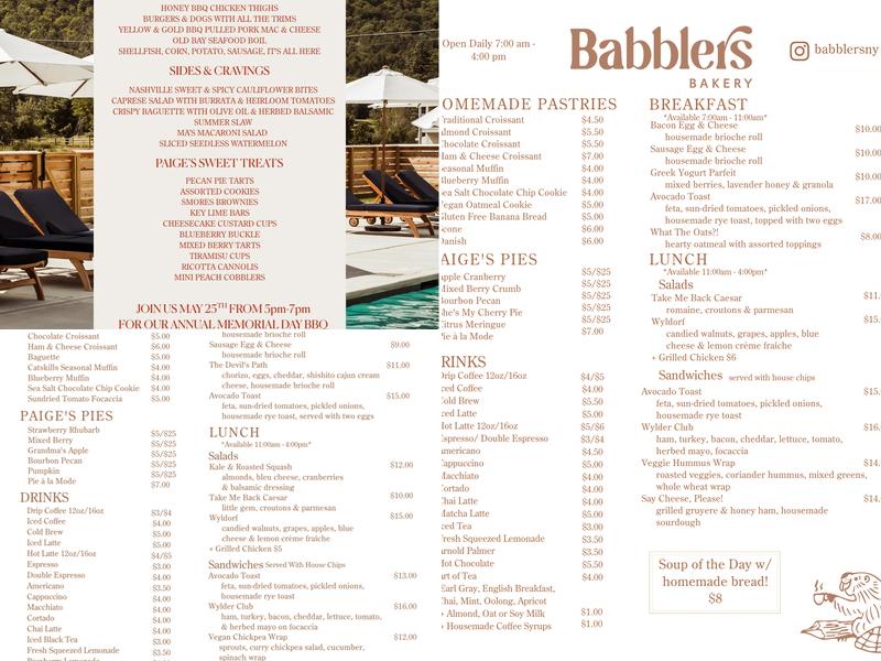 Babblers Bakery Menu