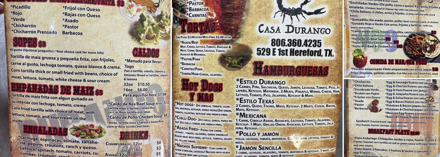 Casa Durango Menu