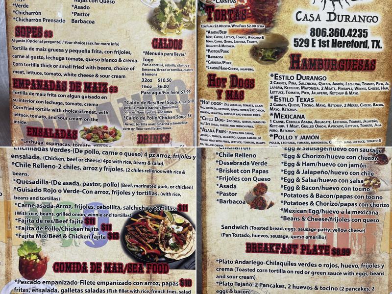 Casa Durango Menu