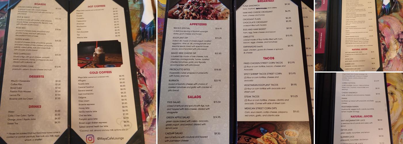 MAYA CAFE Lounge & Gallery Menu
