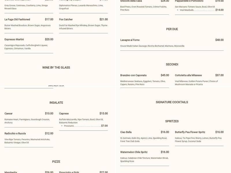 La Fuga Menu