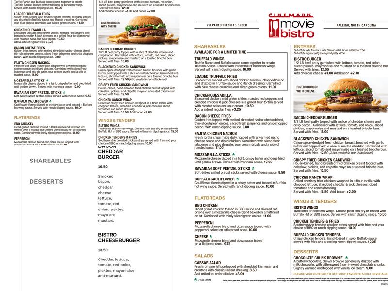 Movie Bistro - Raleigh Menu