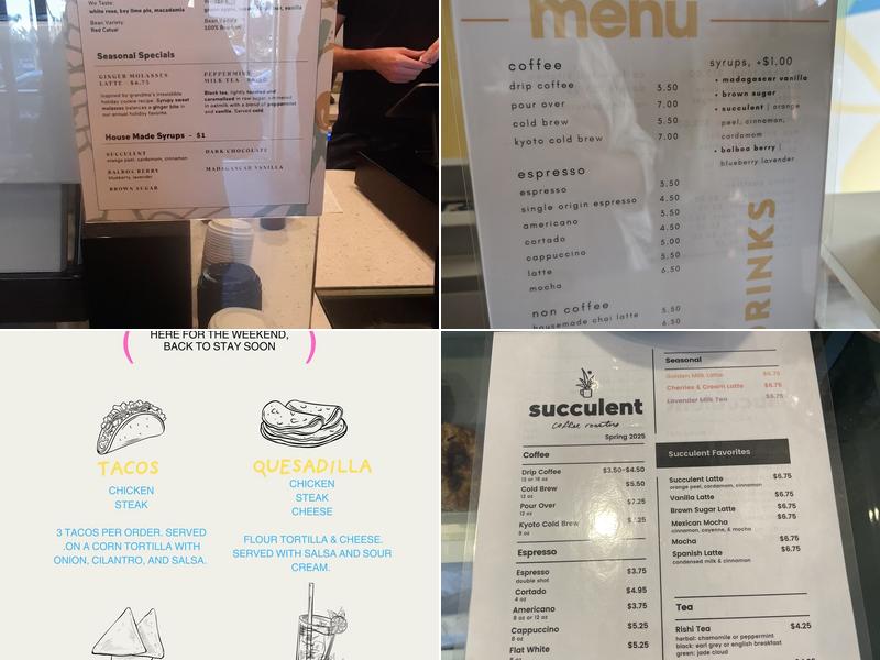 Succulent Coffee Roasters Menu
