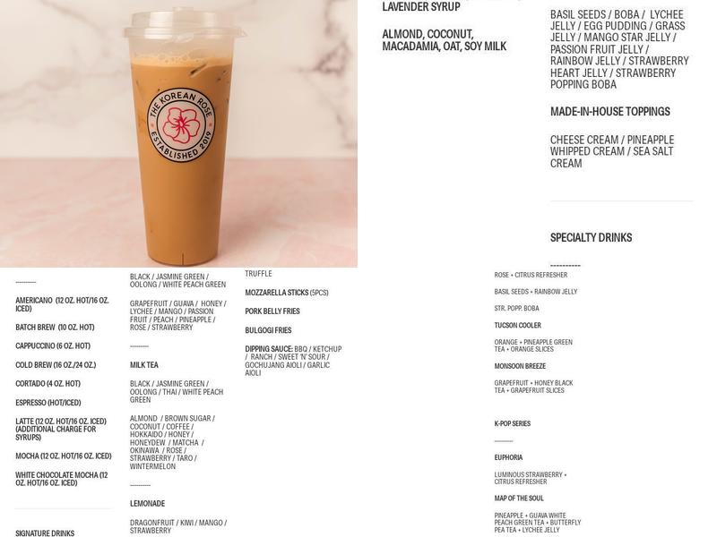 The Korean Rose Menu