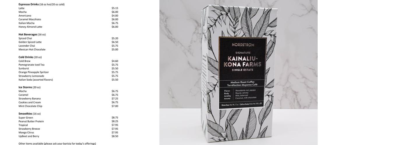 Nordstrom Espresso Bar Menu