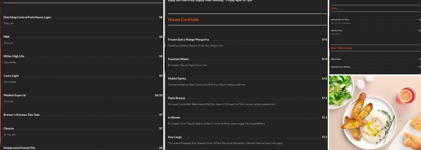 Central Park Bar Menu