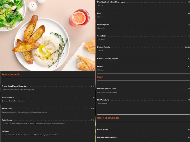 Central Park Bar Menu