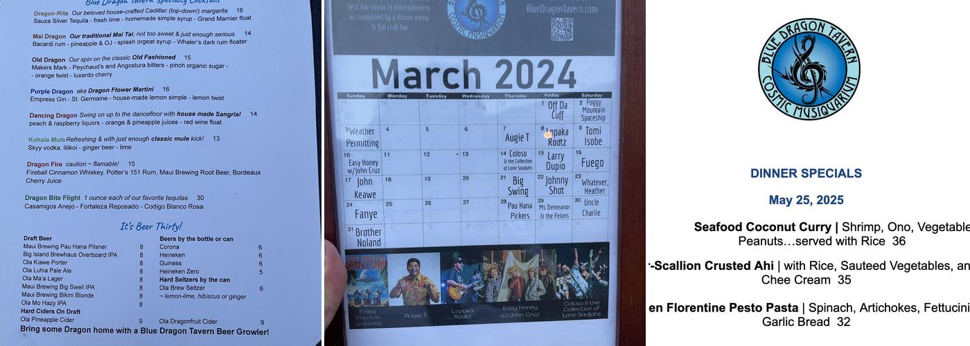Blue Dragon Tavern & Cosmic Musiquarium Menu