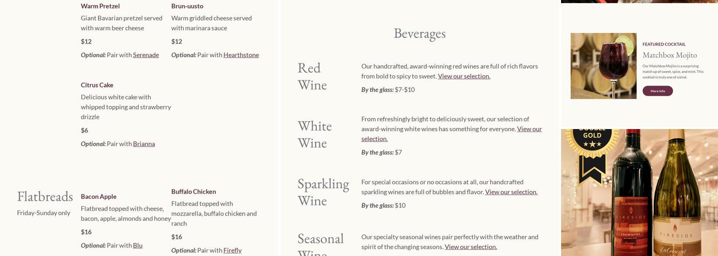 Fireside Winery Menu