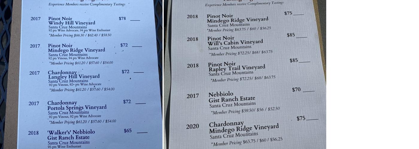 Thomas Fogarty Winery Menu
