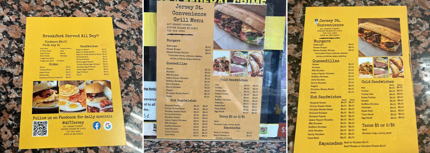 Jersey St. Convenience Menu