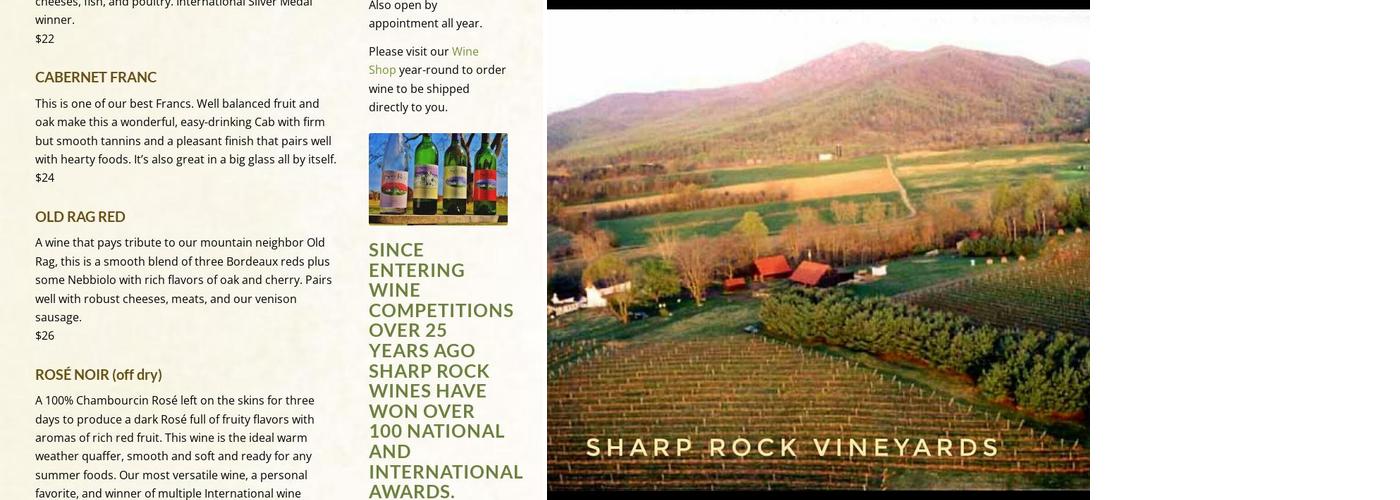 Sharp Rock Winery and Cottages Menu