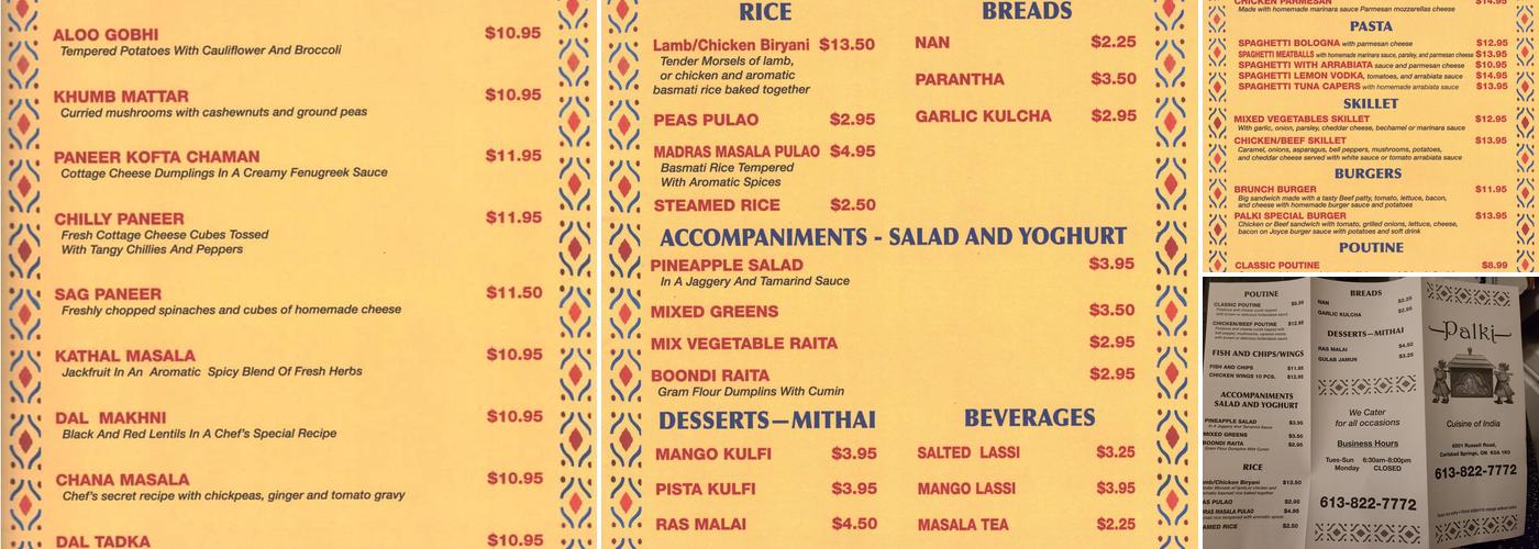 Palki Cuisine of India Menu