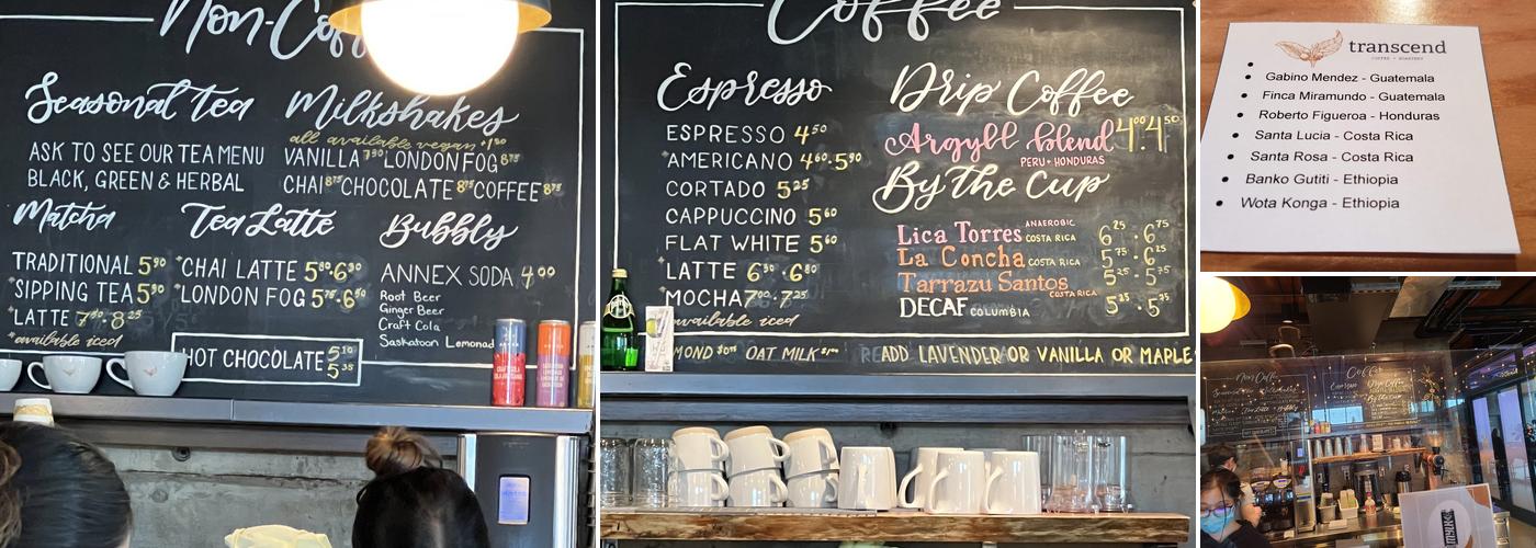 Transcend Coffee and Roastery Menu