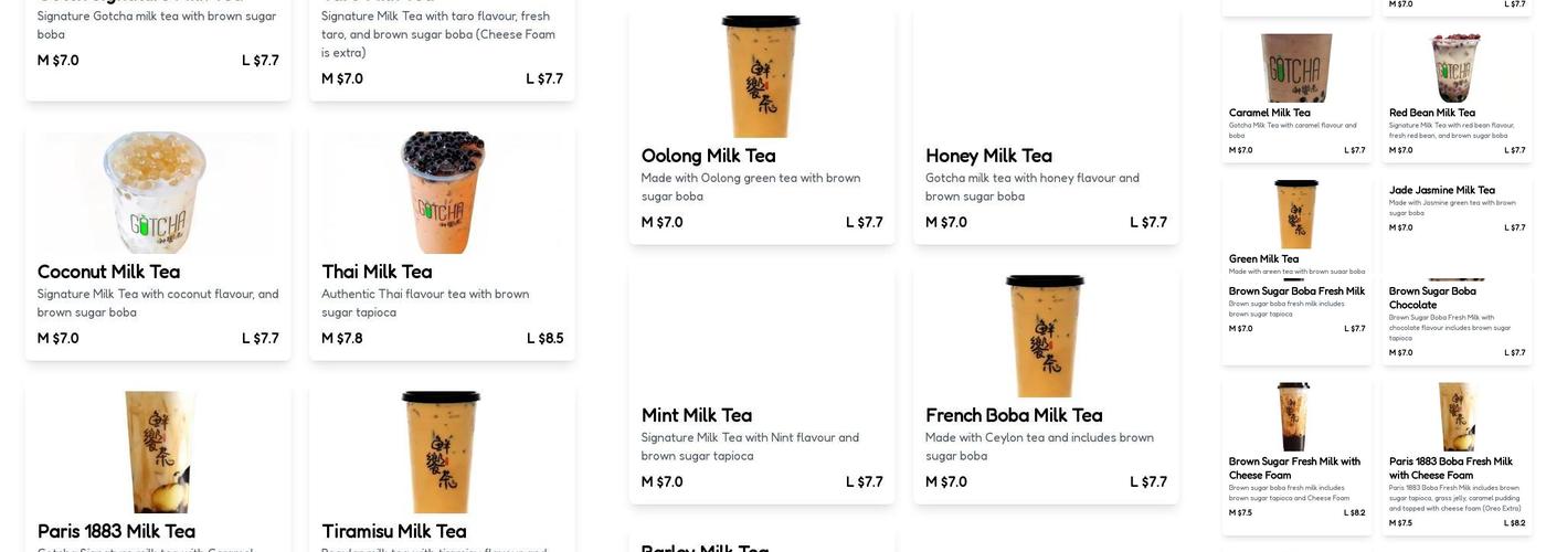 Gotcha Bubble Tea Menu