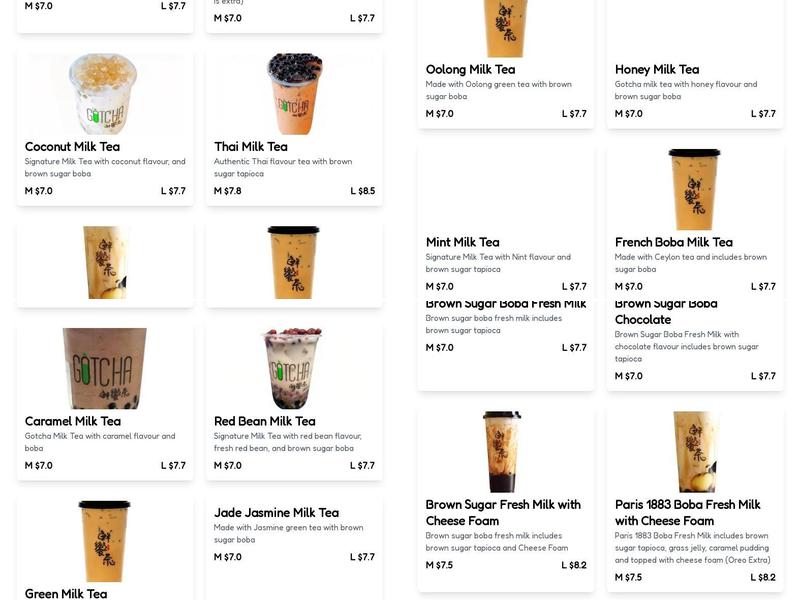 Gotcha Bubble Tea Menu