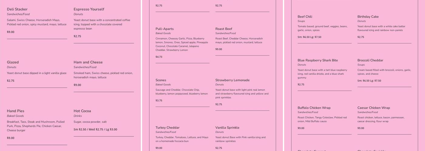 Daydream Donuts Menu