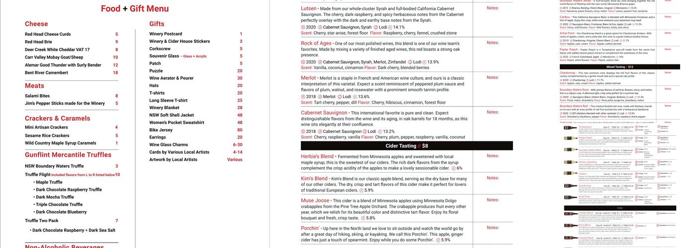 North Shore Winery Menu