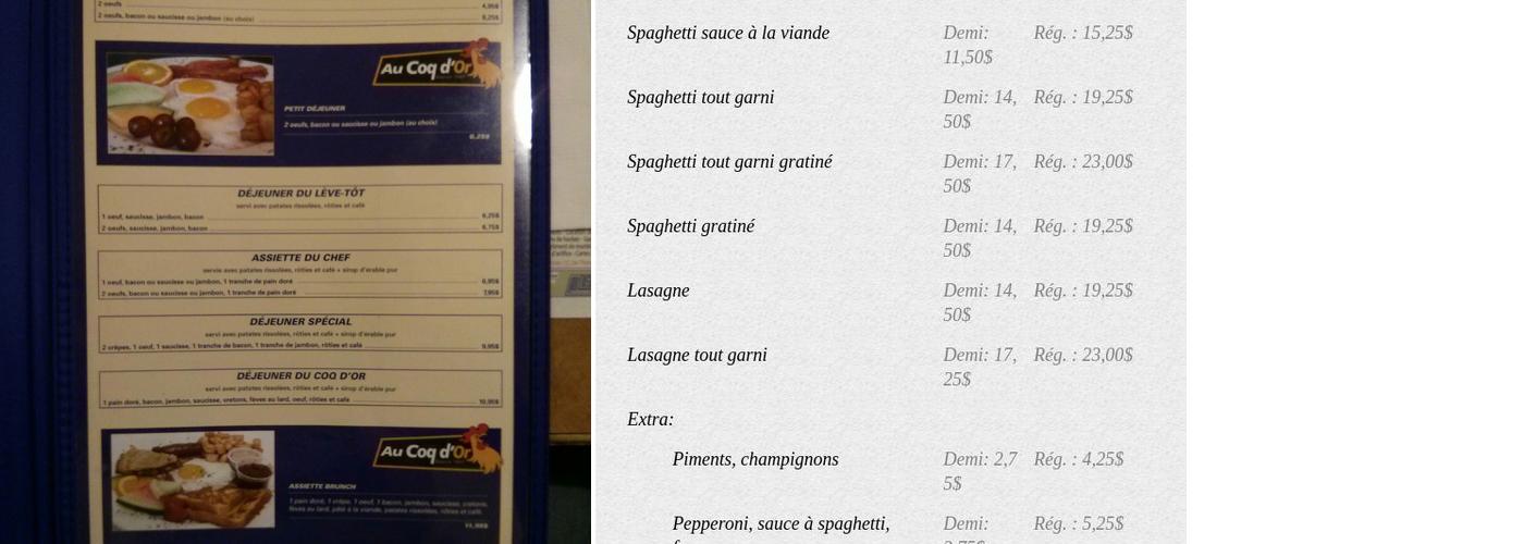 Restaurant Au Coq D'Or Menu