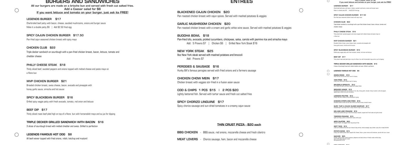 Legends Pub & Restaurant Menu