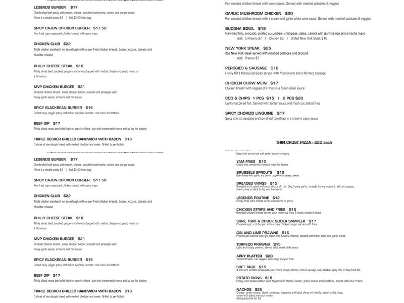 Legends Pub & Restaurant Menu
